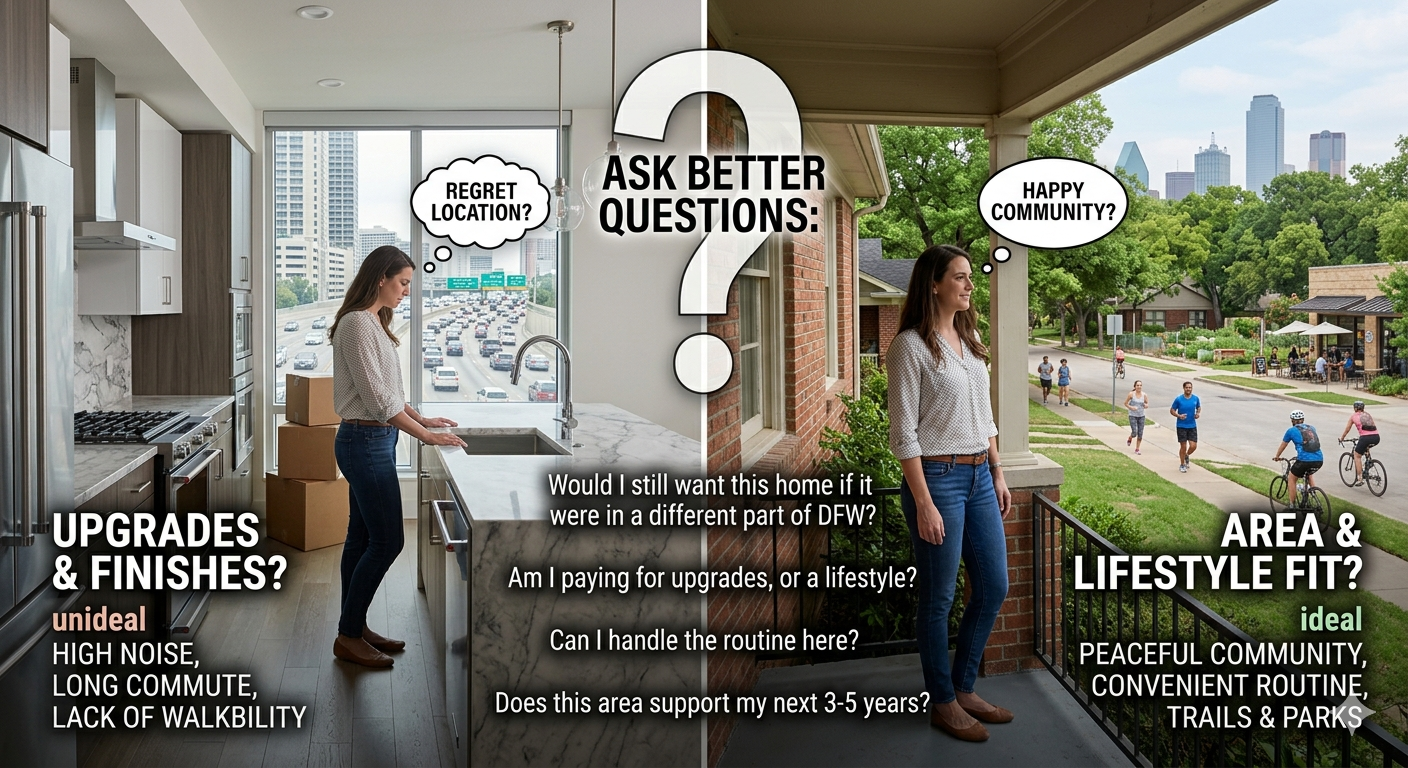 Split-screen Dallas-Fort Worth real estate graphic comparing a stylish condo with heavy traffic and regret over location versus a peaceful neighborhood porch scene, encouraging buyers to ask better questions about lifestyle, commute, walkability, community, and long-term area fit before choosing a home.