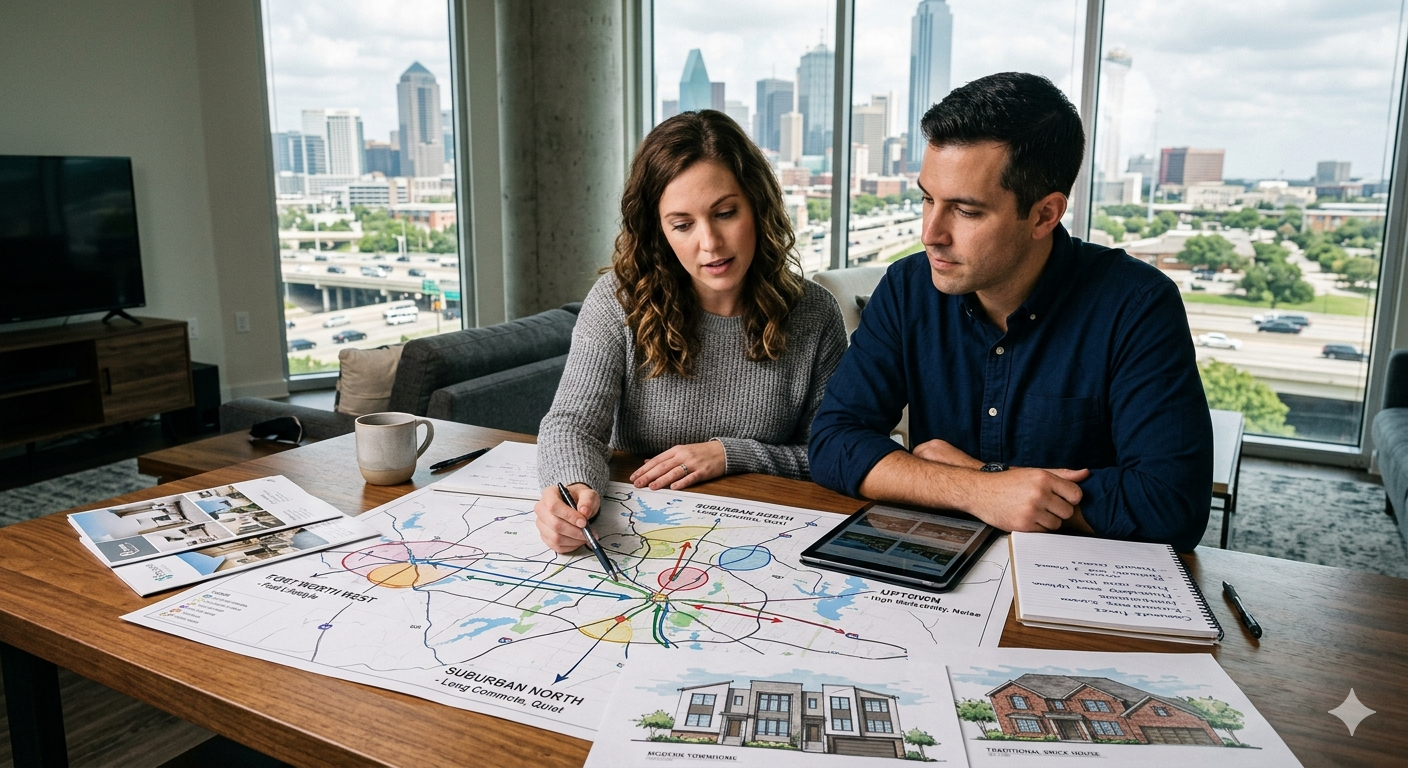 Couple reviewing a Dallas-Fort Worth area map and home options at a table in a high-rise apartment, comparing neighborhoods, commute routes, housing styles, and lifestyle priorities with the Dallas skyline in the background.