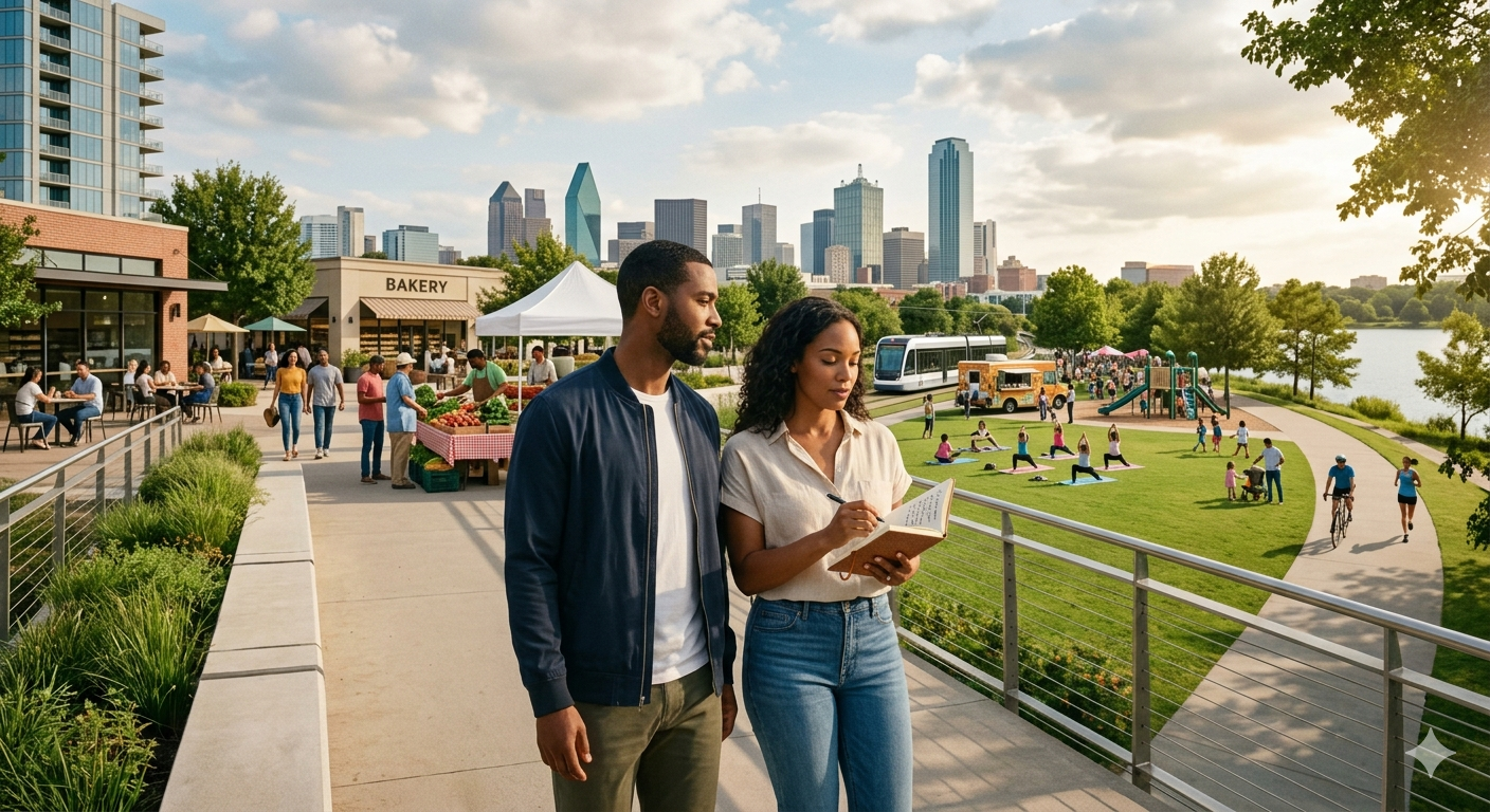 Couple touring a vibrant Dallas neighborhood near downtown skyline, with bakery, farmers market, park, walking trail, playground, and public transit, highlighting lifestyle, community amenities, and location considerations for homebuyers.