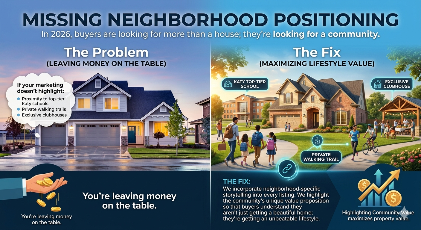 Luxury home marketing graphic showing how neighborhood positioning in Katy boosts property value through schools, trails, and clubhouse amenities.