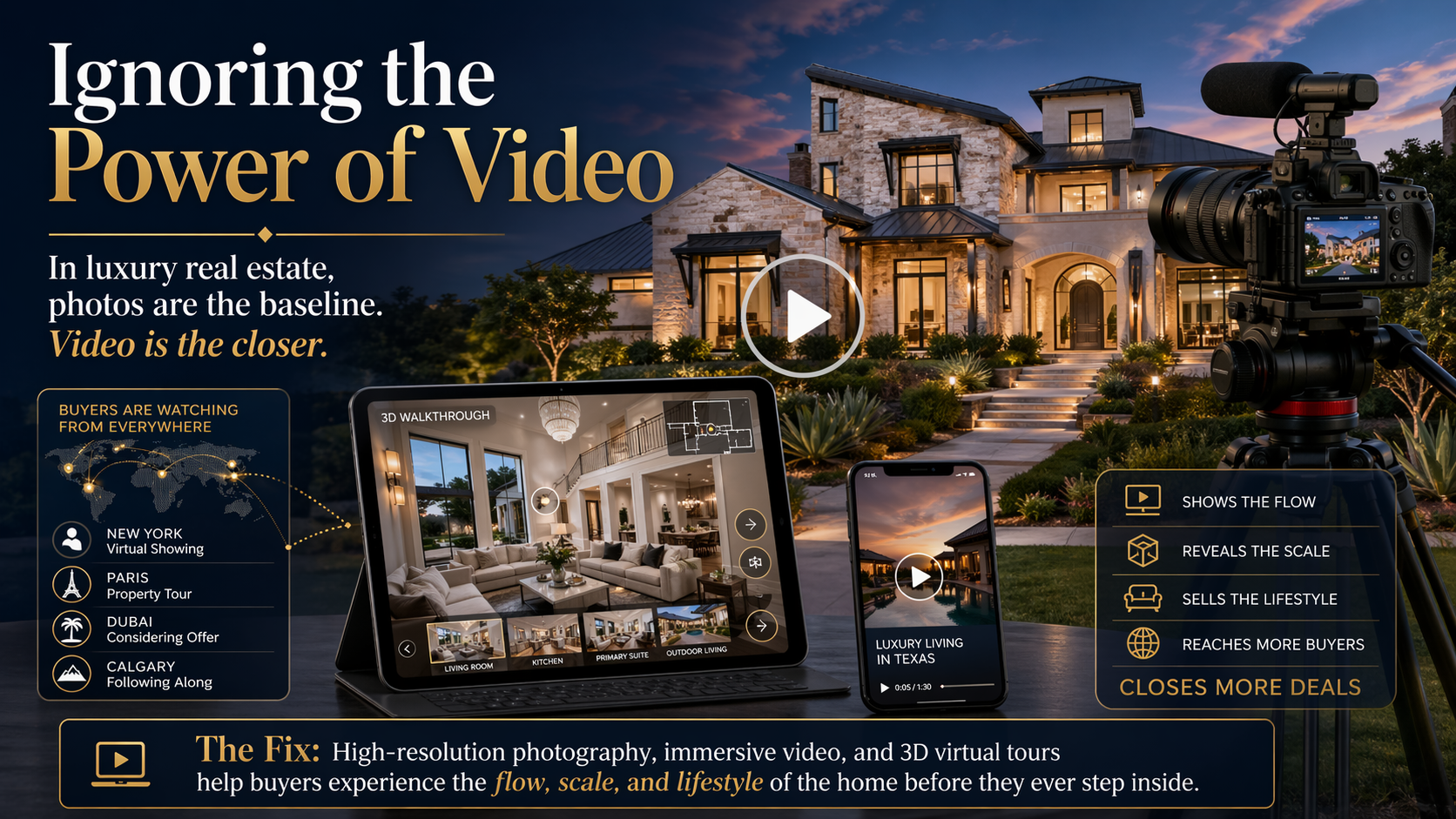 Luxury real estate marketing graphic about the power of video, featuring a high-end Texas home at dusk, professional camera equipment, 3D virtual tour screens, and messaging about immersive video, lifestyle marketing, and reaching more luxury buyers.