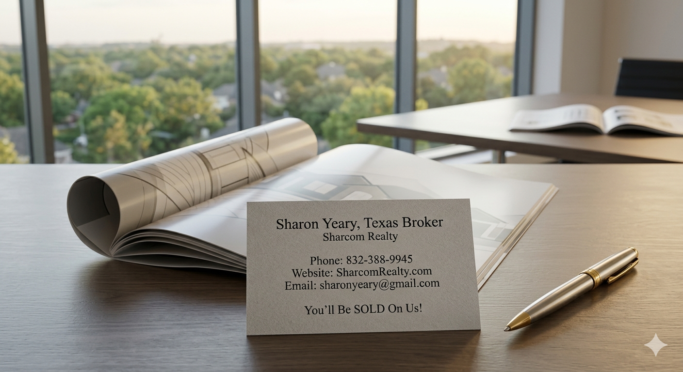Professional real estate office desk with architectural plans, a pen, and Sharon Yeary’s Sharcom Realty business card displaying contact information in front of large windows overlooking a neighborhood view.