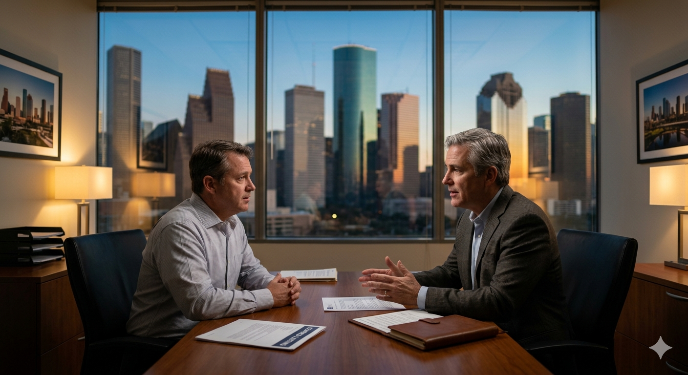 Two professionals meeting across a conference table in a modern office with large windows overlooking the Houston skyline at sunset, suggesting a serious real estate or business consultation.