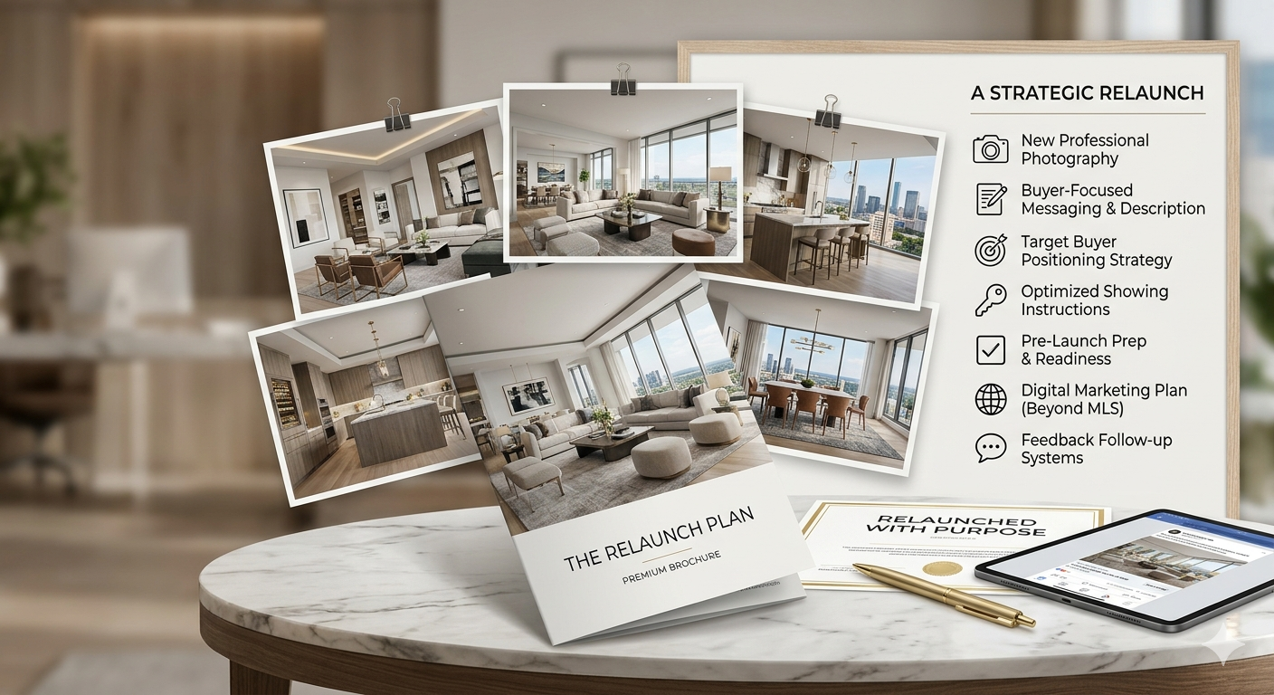 Luxury home relaunch marketing presentation featuring professional property photos, a strategic relaunch checklist, brochure, tablet, and premium sales materials displayed on a marble table.