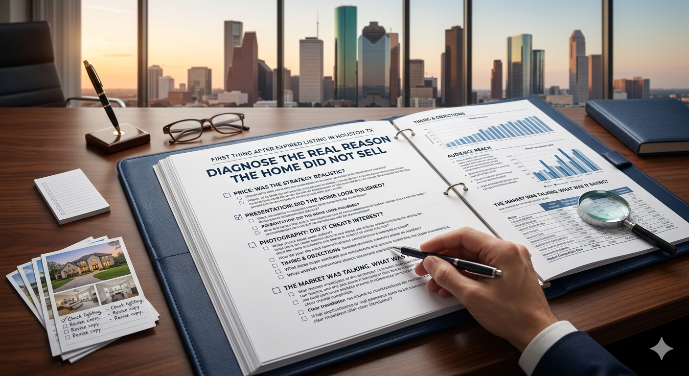 Luxury real estate review binder on a conference table with home photos, market charts, and a checklist analyzing why an expired Houston listing did not sell.