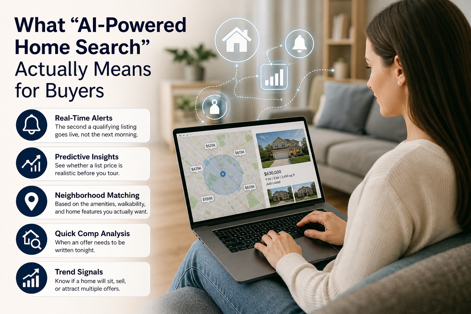AI-powered home search for buyers showing real-time listing alerts, predictive pricing insights, neighborhood matching, quick comp analysis, and trend signals on a laptop map search.