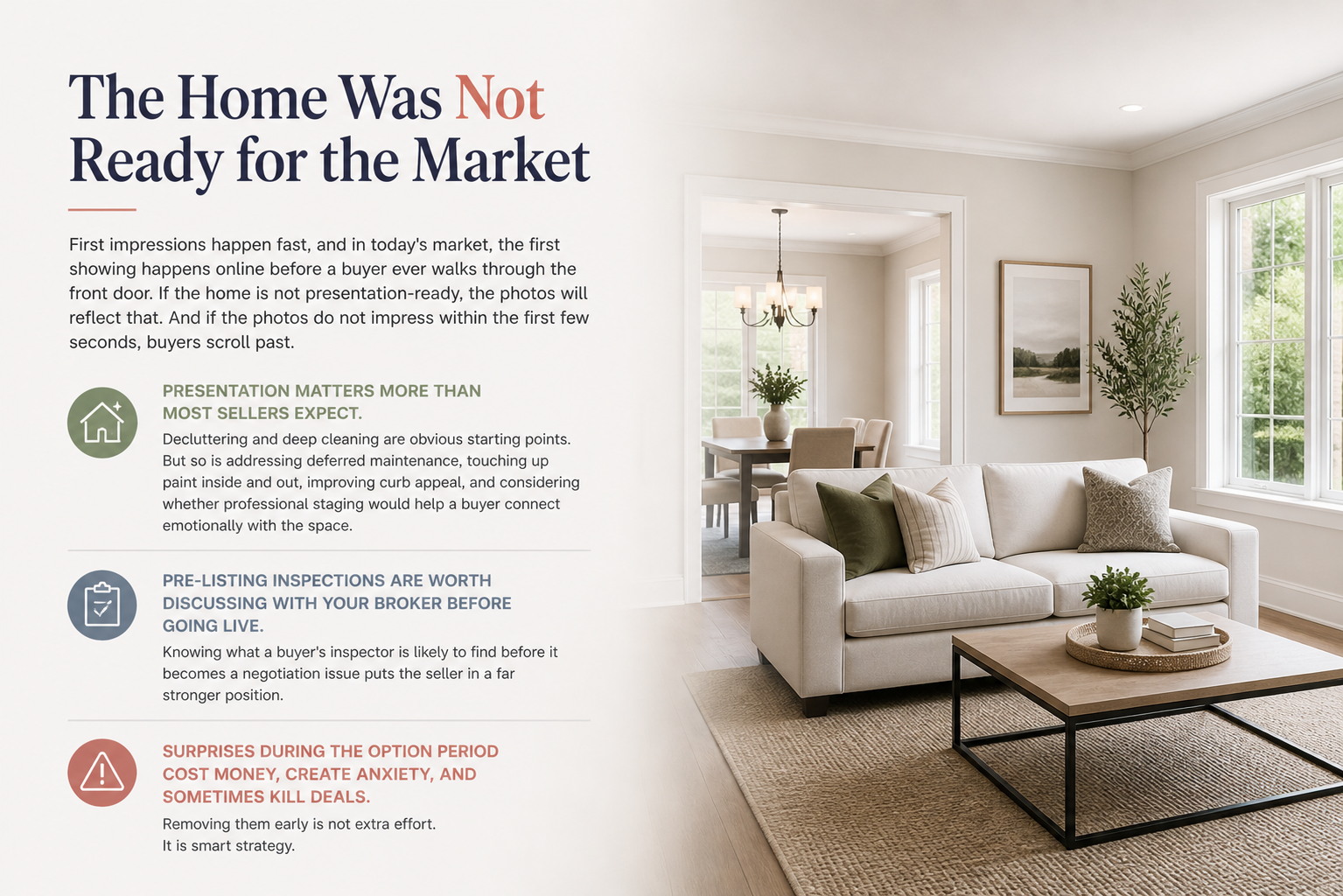 Home not ready for the real estate market graphic showing a staged living room with seller preparation tips, including decluttering, maintenance, curb appeal, pre-listing inspections, and avoiding costly surprises.