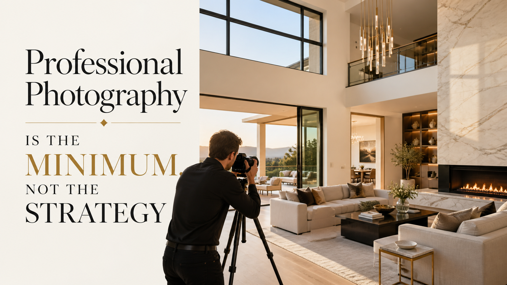 Professional luxury real estate photography image showing a photographer capturing a high-end home interior with the message that photography is the minimum, not the full listing strategy.