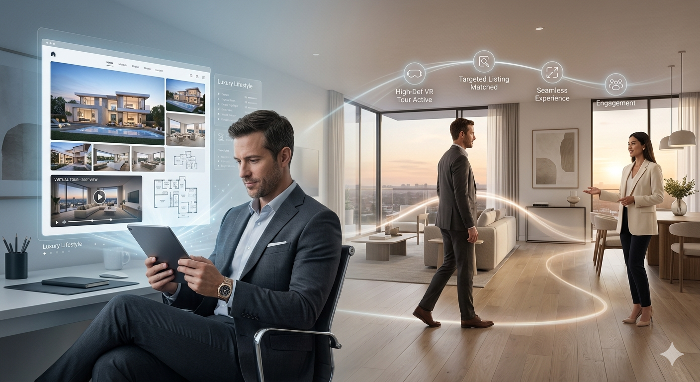 AI-powered luxury real estate marketing image showing virtual tours, targeted listing matches, buyer engagement, and a seamless digital home showing experience for high-end buyers.