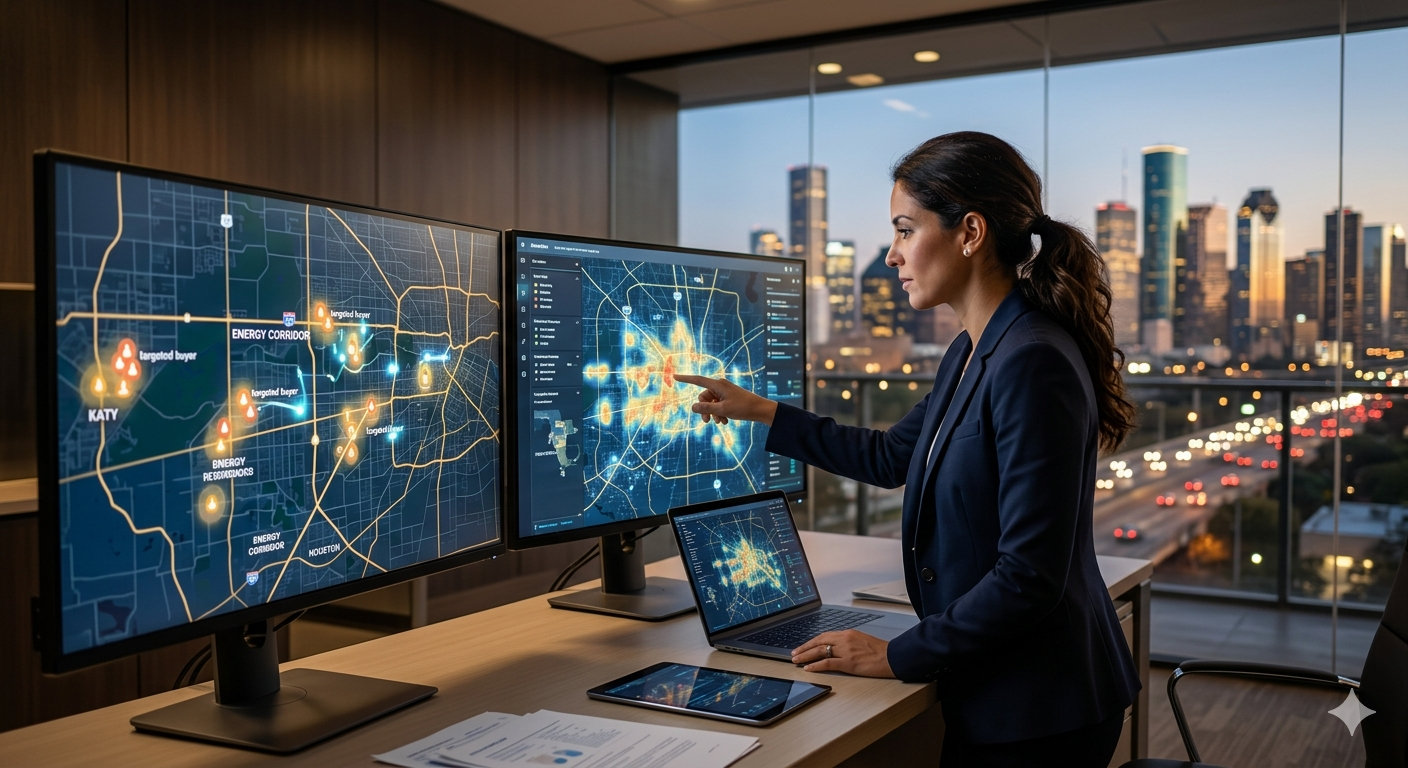 AI-powered real estate marketing strategy showing a broker analyzing buyer heat maps, Katy and Houston market data, targeted buyer locations, and digital listing exposure from a high-rise office.