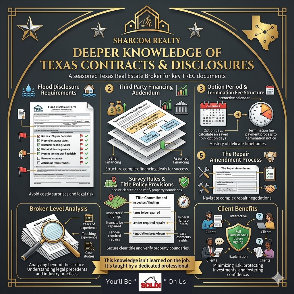 Texas real estate contracts and disclosures infographic showing broker-level knowledge of TREC forms, flood disclosure requirements, financing addendums, option periods, repair amendments, survey rules, title policy provisions, and client risk protection.