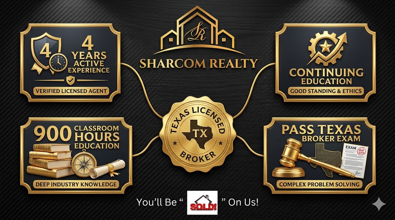 Sharcom Realty Texas licensed broker qualifications graphic showing 900 classroom hours, broker exam completion, continuing education, ethics, verified license status, and active real estate experience.