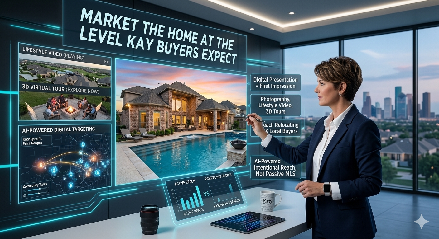AI-powered luxury real estate marketing strategy showing a broker presenting photography, lifestyle video, 3D virtual tours, digital targeting, and active buyer reach for a high-end Katy home listing. AI-powered luxury real estate marketing strategy showing a broker presenting photography, lifestyle video, 3D virtual tours, digital targeting, and active buyer reach for a high-end Katy home listing.