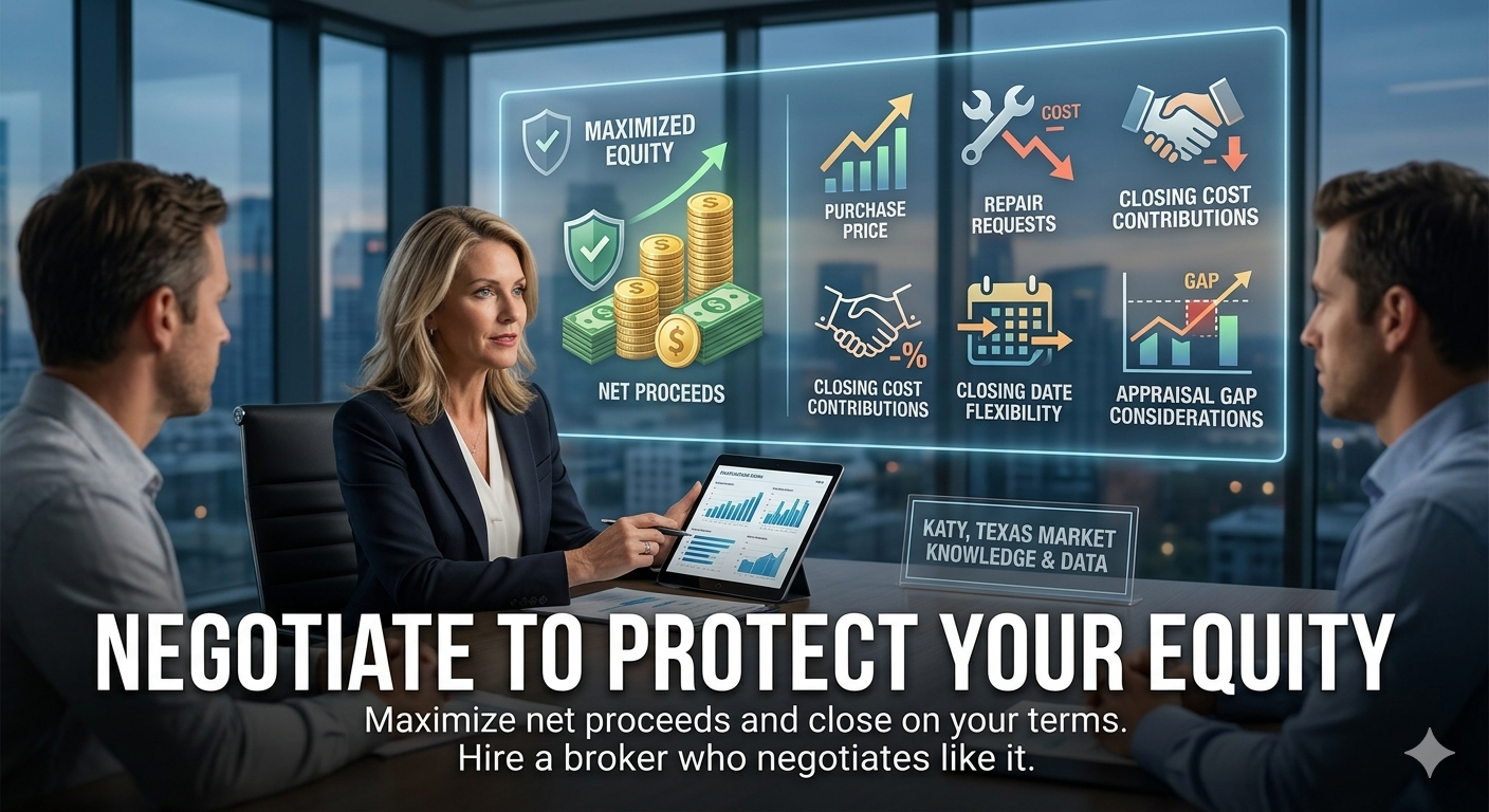 Real estate negotiation strategy image showing a broker helping sellers protect equity, maximize net proceeds, review purchase price, repair requests, closing costs, appraisal gaps, and closing date flexibility. Real estate negotiation strategy image showing a broker helping sellers protect equity, maximize net proceeds, review purchase price, repair requests, closing costs, appraisal gaps, and closing date flexibility.