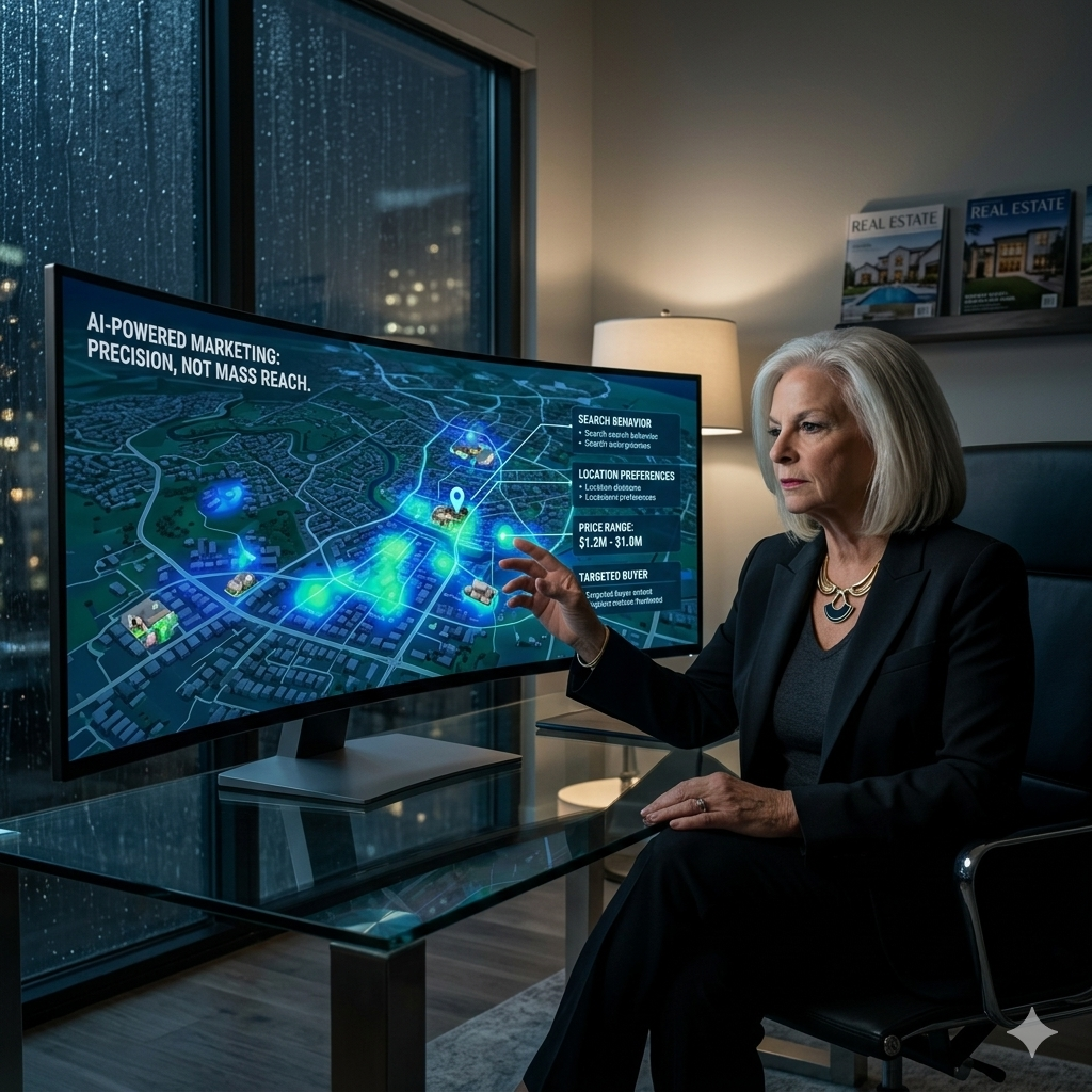 Sharon Yeary using AI-powered real estate marketing tools to analyze targeted buyer behavior, location preferences, price range data, and neighborhood heat maps for precision luxury home marketing.