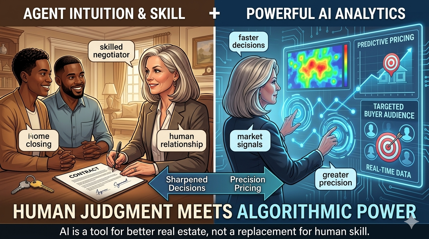Human judgment and AI analytics in real estate graphic showing agent negotiation skill, client relationships, predictive pricing, market signals, targeted buyer data, and AI-powered decision making.