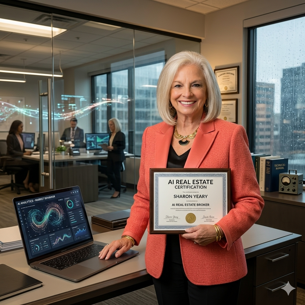 Sharon Yeary holding an AI Real Estate Certification in a professional office with AI analytics on a laptop, highlighting AI-powered real estate expertise and broker-level market strategy.