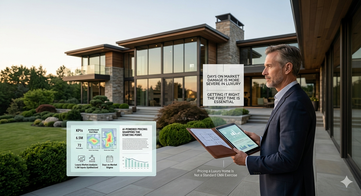 Luxury real estate pricing strategy image showing a broker analyzing AI-powered market data in front of a modern estate, emphasizing that pricing a luxury home requires more than a standard CMA and that days on market can hurt luxury listings.