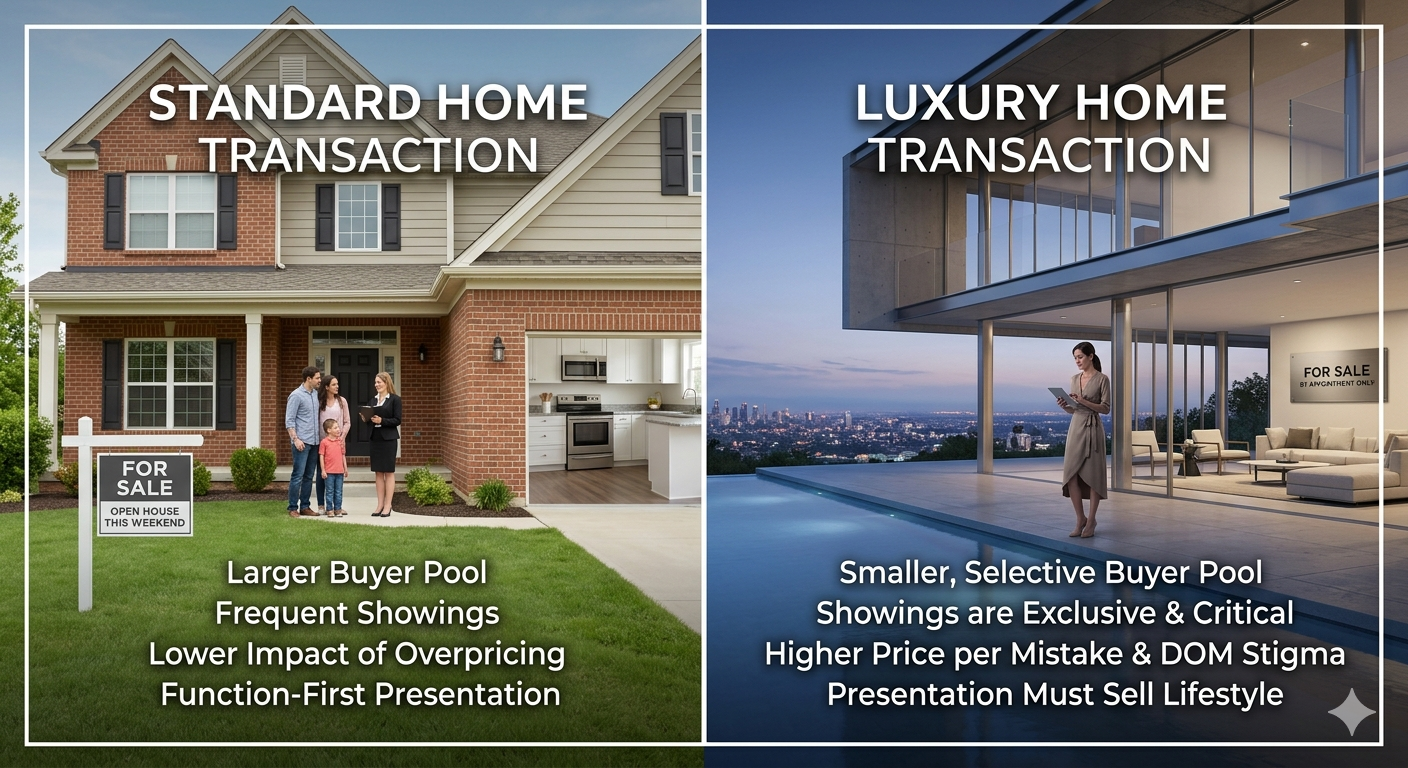 Comparison graphic showing a standard home transaction versus a luxury home transaction, highlighting larger buyer pools and frequent showings for standard homes compared to selective buyers, exclusive showings, higher pricing risk, and lifestyle-focused presentation for luxury homes.