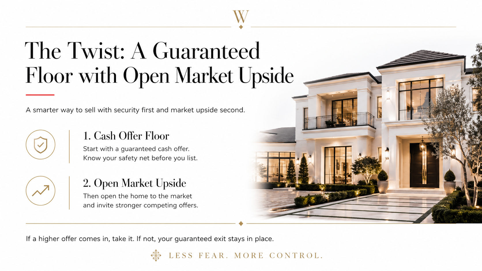 Luxury real estate marketing graphic explaining a guaranteed cash offer floor with open market upside, showing a high-end home and outlining how sellers can start with a guaranteed cash offer, list on the open market for stronger competing offers, and keep a secure exit option if a higher offer does not come in. Luxury real estate marketing graphic explaining a guaranteed cash offer floor with open market upside, showing a high-end home and outlining how sellers can start with a guaranteed cash offer, list on the open market for stronger competing offers, and keep a secure exit option if a higher offer does not come in.