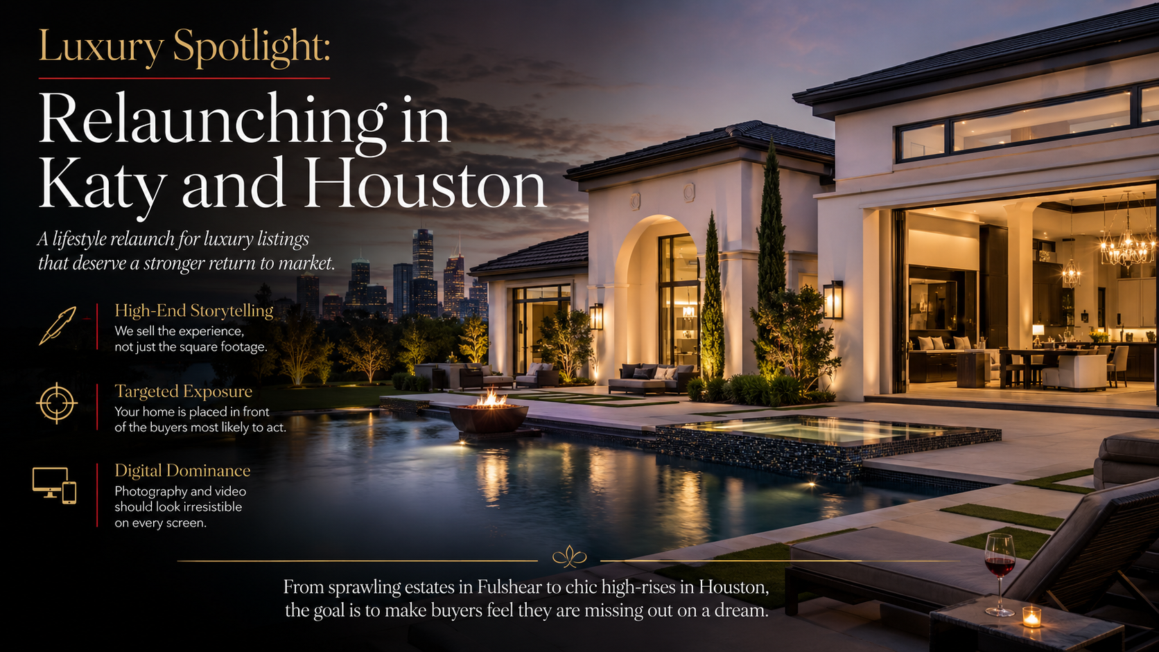 Luxury real estate marketing graphic featuring an upscale Houston-area home at dusk with pool views, highlighting a luxury listing relaunch strategy for Katy and Houston sellers using high-end storytelling, targeted buyer exposure, and premium digital photography and video marketing. Luxury real estate marketing graphic featuring an upscale Houston-area home at dusk with pool views, highlighting a luxury listing relaunch strategy for Katy and Houston sellers using high-end storytelling, targeted buyer exposure, and premium digital photography and video marketing.