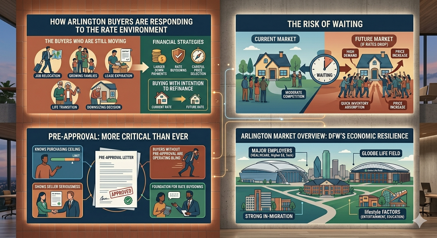 Arlington Texas housing market infographic with buyer trends, pre-approval tips, rate strategy, and DFW market outlook.