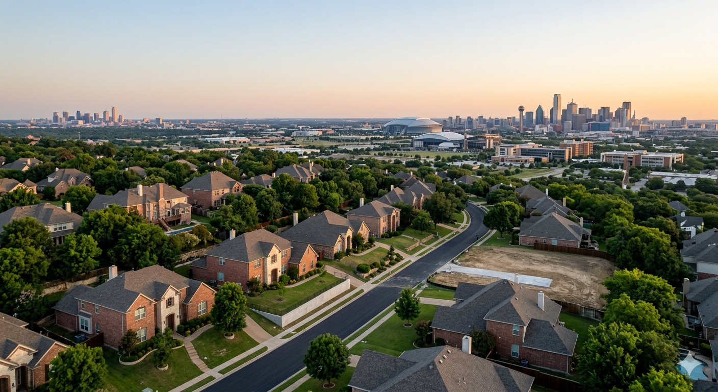 Aerial view of a Dallas Fort Worth luxury neighborhood with brick homes, tree-lined streets, AT&T Stadium, and the Dallas skyline at sunset, representing North Texas real estate and upscale suburban living.
