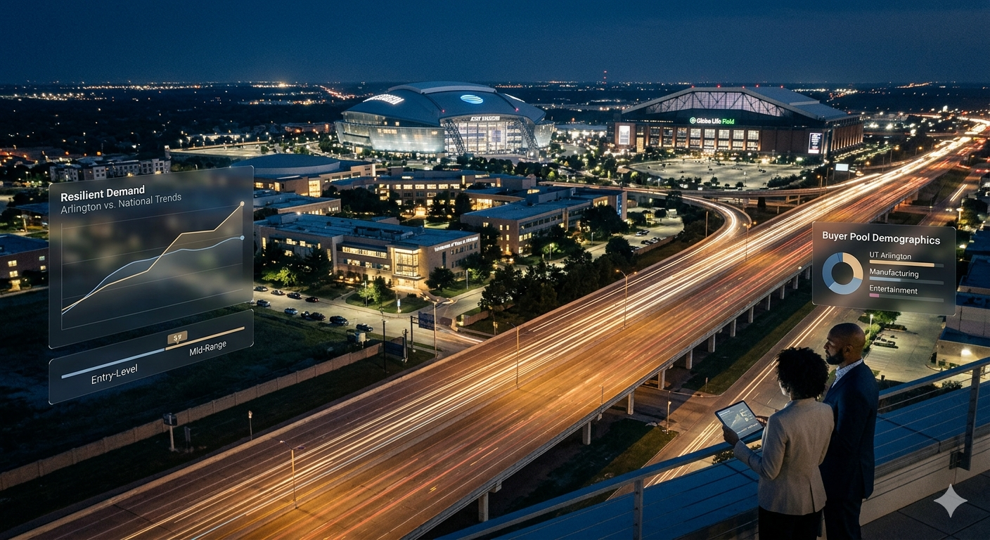 Arlington Texas real estate market insight image showing AT&T Stadium, Globe Life Field, highway traffic, and data overlays for resilient housing demand and buyer pool demographics.