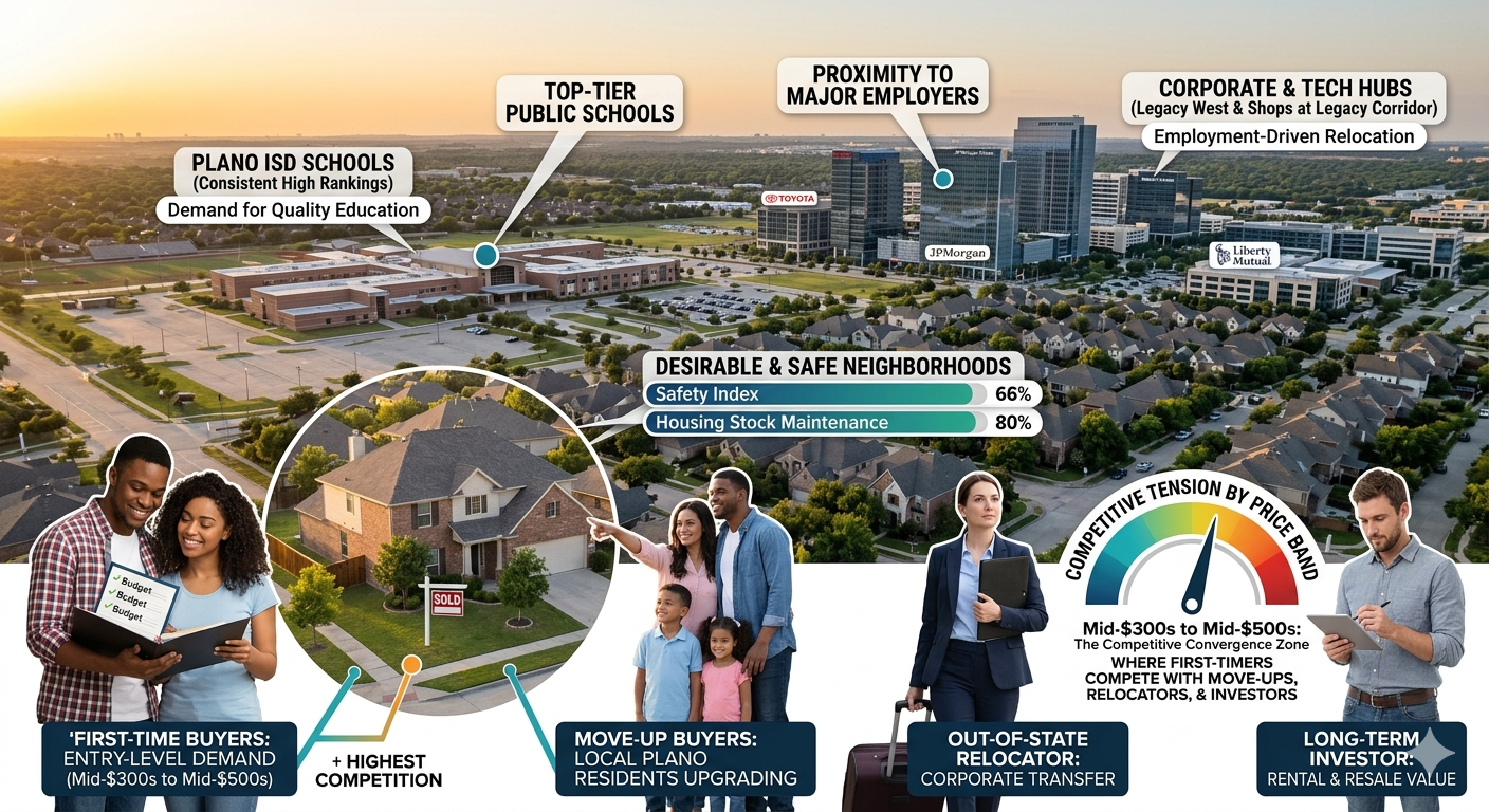 Aerial view of Plano, Texas showing schools, corporate and tech hubs, desirable neighborhoods, buyer demand, and competitive price bands for first-time buyers, move-up buyers, relocators, and investors in the Plano real estate market.