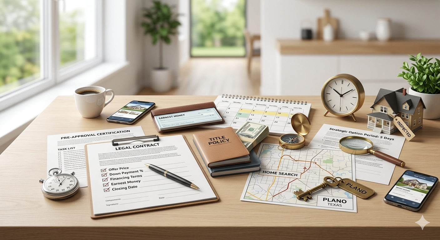 Plano Texas home buying strategy flat lay with pre-approval documents, legal contract, title policy, earnest money, option period timeline, home search map, inspection notes, keys, and real estate planning tools for buyers.