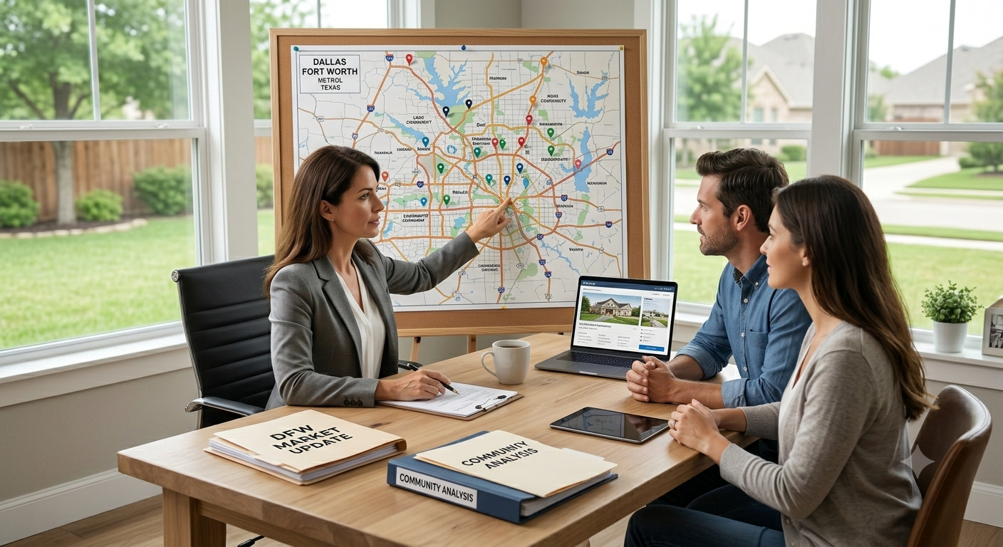 Real estate broker advising homebuyers with a Dallas Fort Worth market map during a DFW home buying consultation.