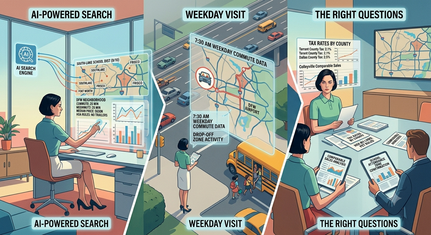 AI-powered home buying strategy in DFW showing neighborhood search data, weekday commute analysis, tax rates, school districts, and key questions Plano buyers should ask before choosing a home.