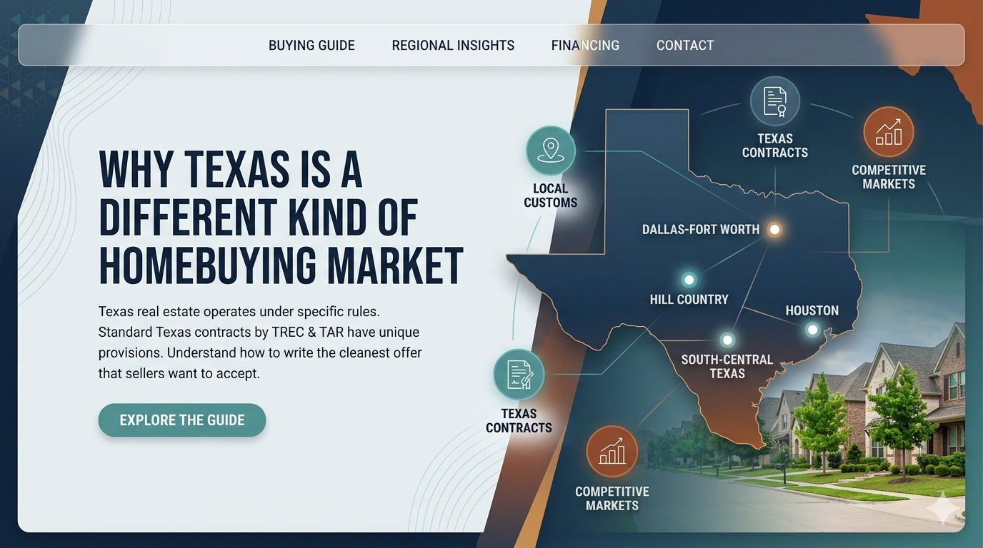 Texas homebuying guide graphic showing Dallas-Fort Worth, Houston, Hill Country, and South-Central Texas with real estate contract, local market, and competitive buying insights for Texas buyers.