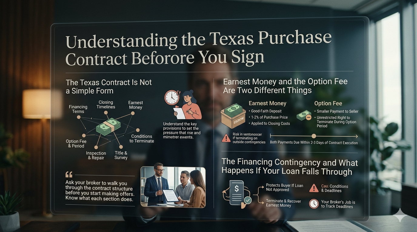 Understanding the Texas purchase contract before signing, including earnest money, option fee, financing contingency, inspections, repair terms, title and survey deadlines for homebuyers.