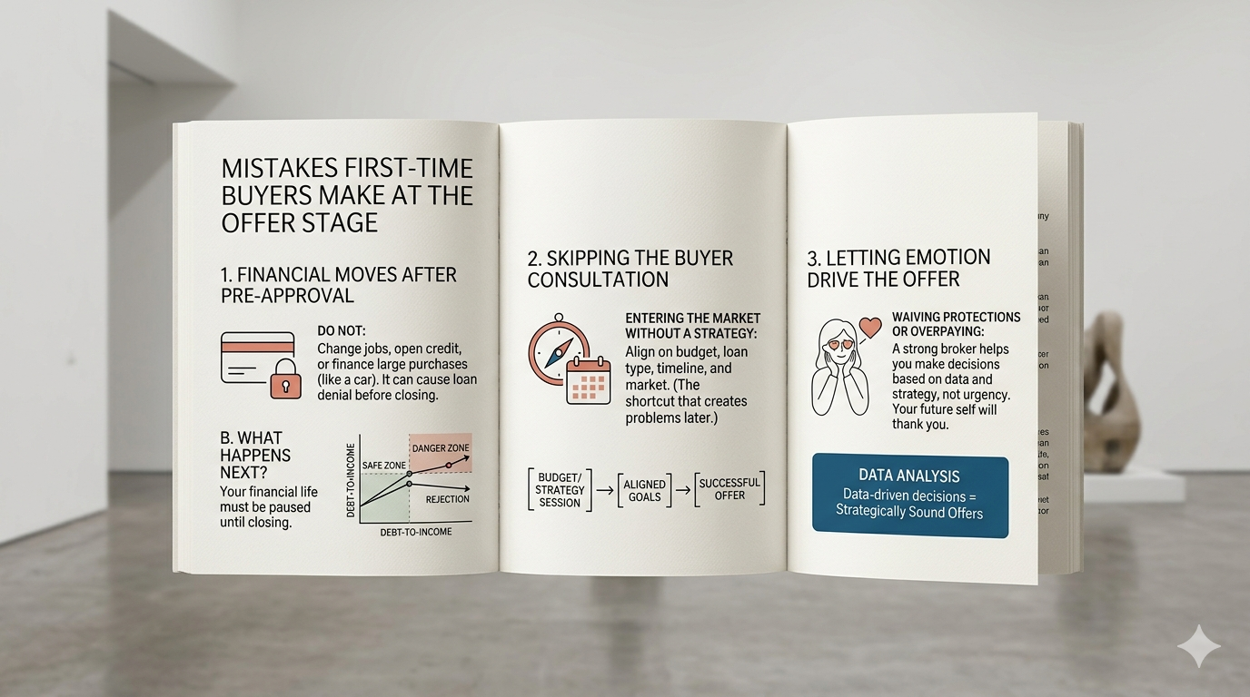 Open book graphic showing common mistakes first-time home buyers make at the offer stage, including financial changes after pre-approval, skipping buyer consultation, and letting emotions drive the offer.