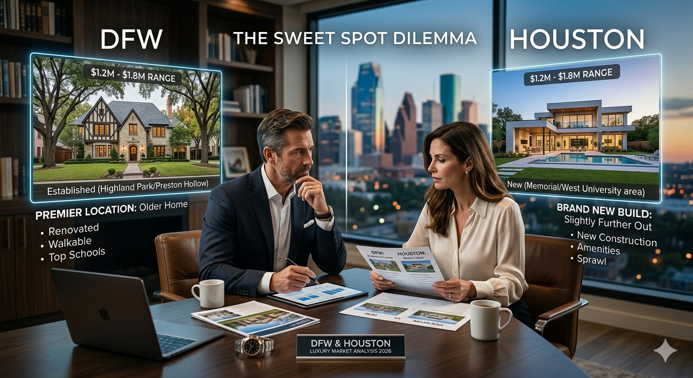 Luxury real estate consultation comparing DFW and Houston homes in the $1.2M to $1.8M range, showing buyers evaluating location, amenities, new construction, and established neighborhoods. Luxury real estate consultation comparing DFW and Houston homes in the $1.2M to $1.8M range, showing buyers evaluating location, amenities, new construction, and established neighborhoods.