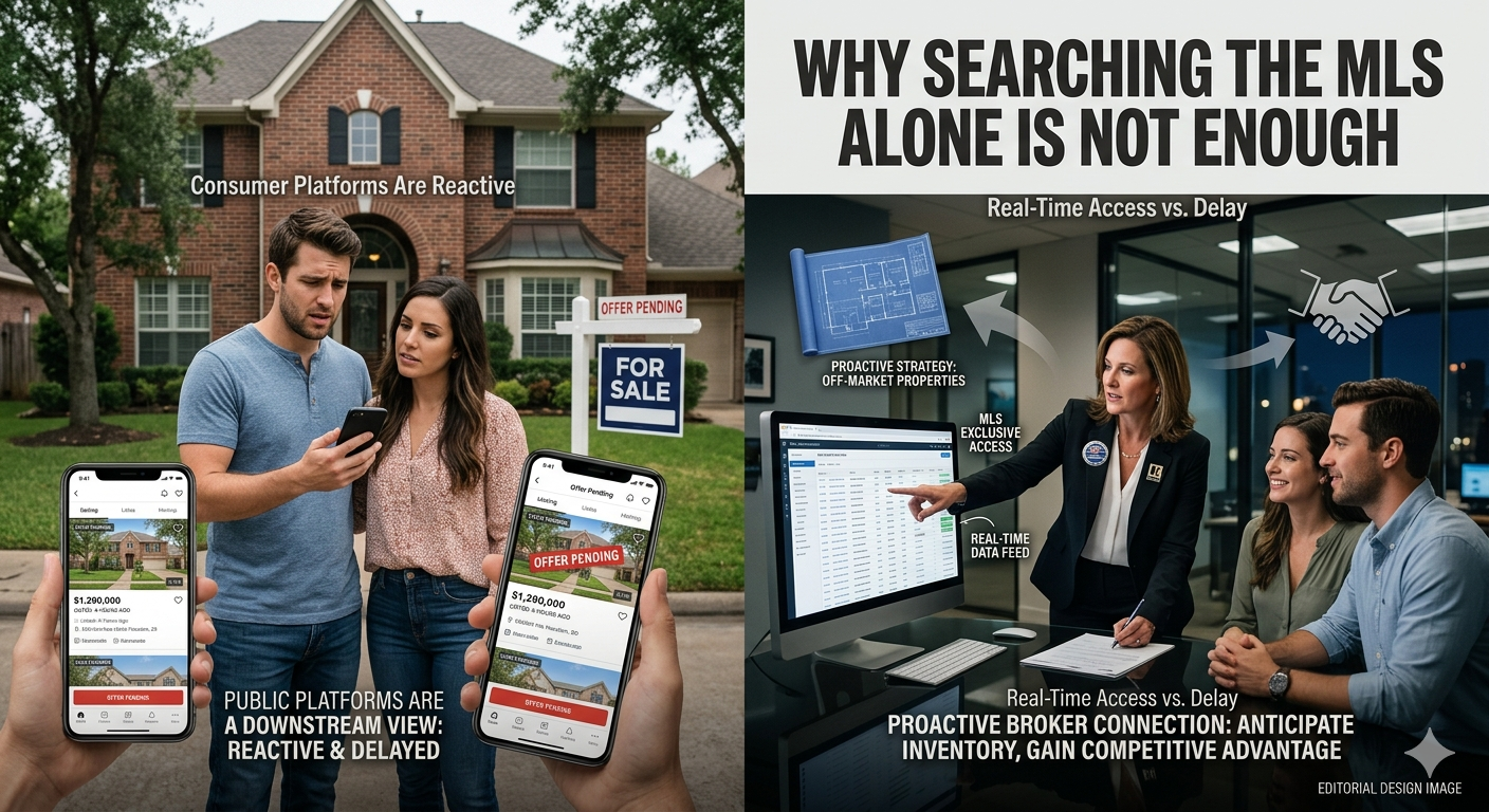 Homebuyers learn why searching the MLS alone is not enough, comparing delayed public real estate platforms with real-time broker MLS access and proactive off-market property strategies.