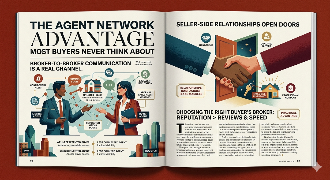 Agent network advantage for DFW and Houston homebuyers showing broker relationships, exclusive inventory access, and buyer broker reputation.
