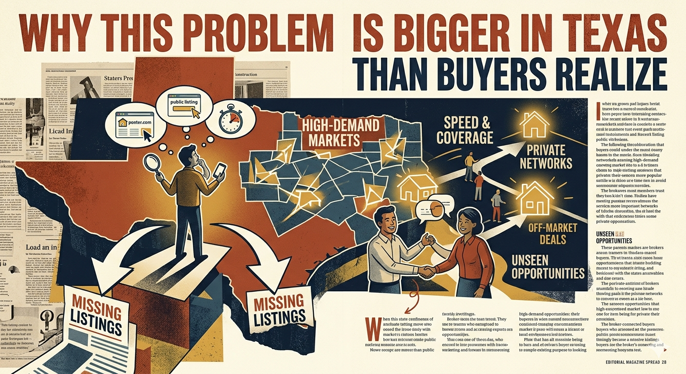 Texas homebuyer illustration showing missing listings, private broker networks, high-demand markets, off-market deals, and unseen real estate opportunities in competitive Texas housing markets.