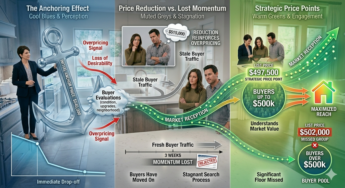 Real estate pricing strategy infographic explaining why overpricing a home can reduce buyer interest, cause lost market momentum, and why strategic price points attract more qualified buyers.