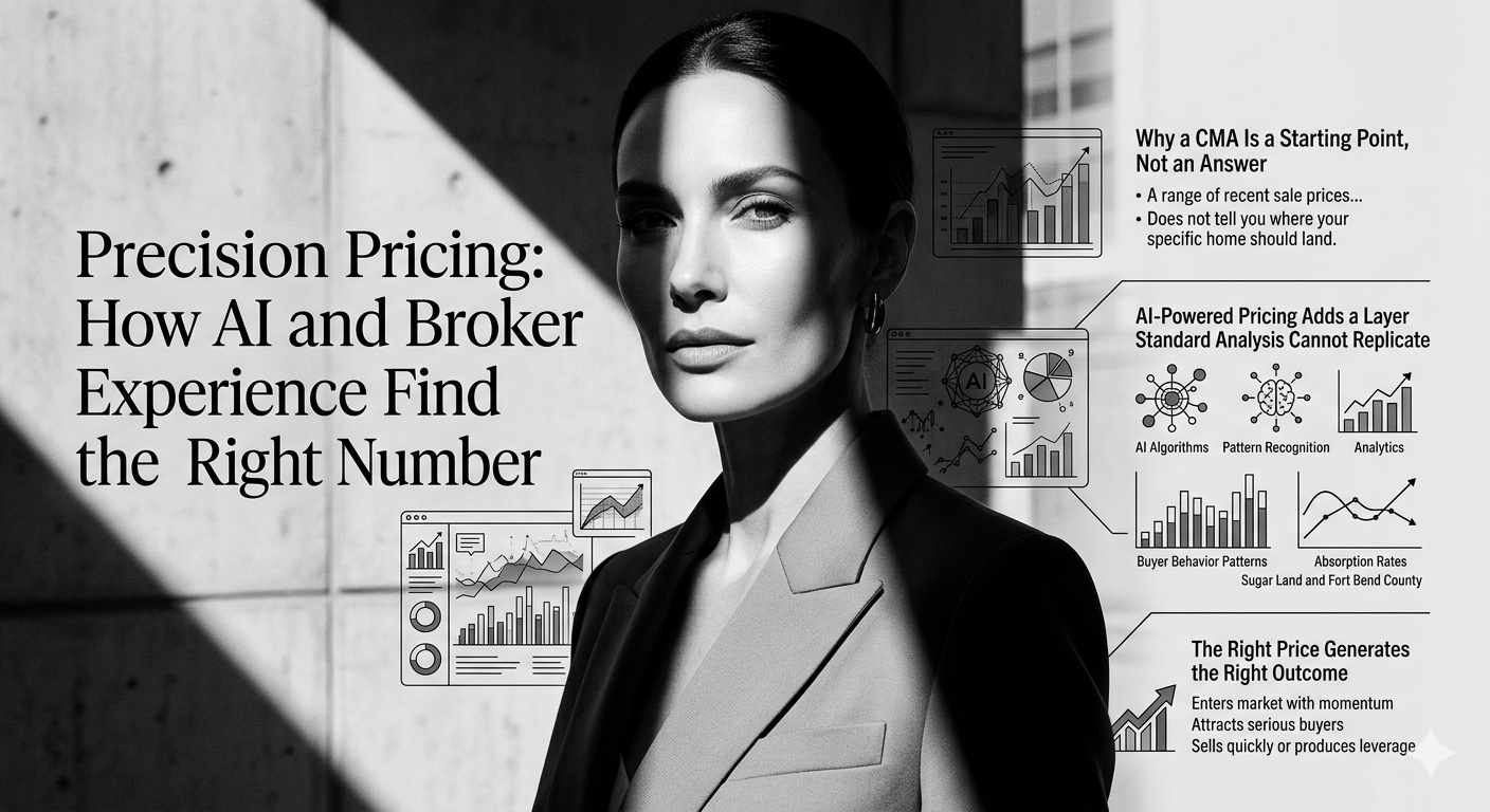 AI-powered real estate pricing strategy showing broker experience, CMA analysis, buyer behavior patterns, absorption rates, and precision pricing for Sugar Land and Fort Bend County homes.