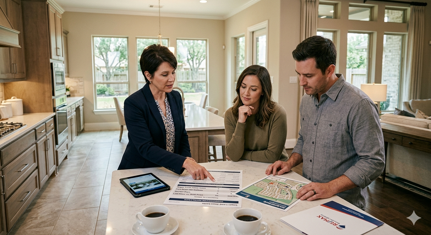 Real estate broker reviewing pricing strategy with buyers in a Texas kitchen, explaining market data, neighborhood analysis, and strategic homebuying decisions.