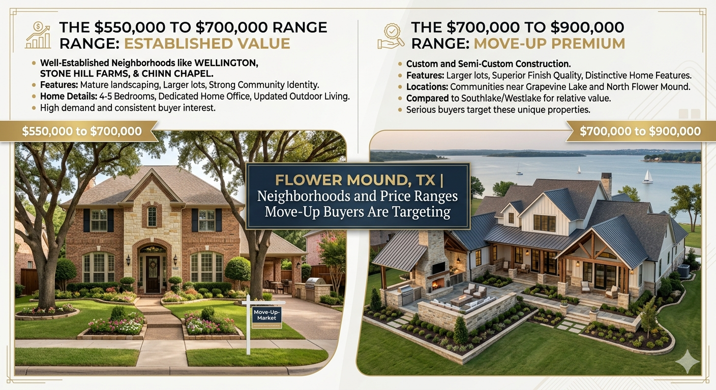 Flower Mound Texas real estate market graphic showing move-up buyer price ranges from $550,000 to $900,000, featuring established neighborhoods, luxury homes, larger lots, Grapevine Lake properties, and buyer demand trends.