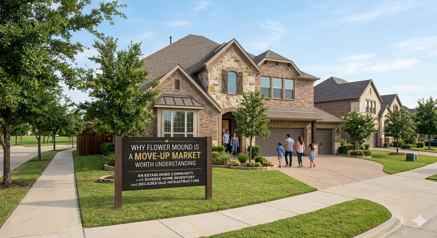 Flower Mound Texas move-up market neighborhood with large brick homes, tree-lined streets, sidewalks, and a family touring homes, highlighting established communities, diverse home inventory, and long-term resale appeal.
