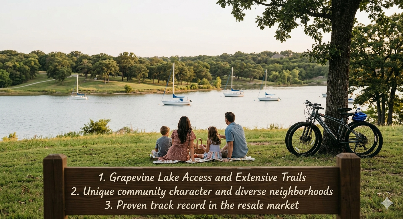 Family enjoying a peaceful day by Grapevine Lake in Flower Mound, Texas, highlighting lake access, trails, community character, and strong resale appeal for move-up homebuyers.