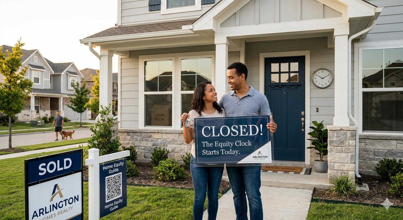 Smiling first-time homebuyers holding a closed sign in front of their new Arlington Texas home, with sold sign and home equity guide, representing building equity after buying a home.