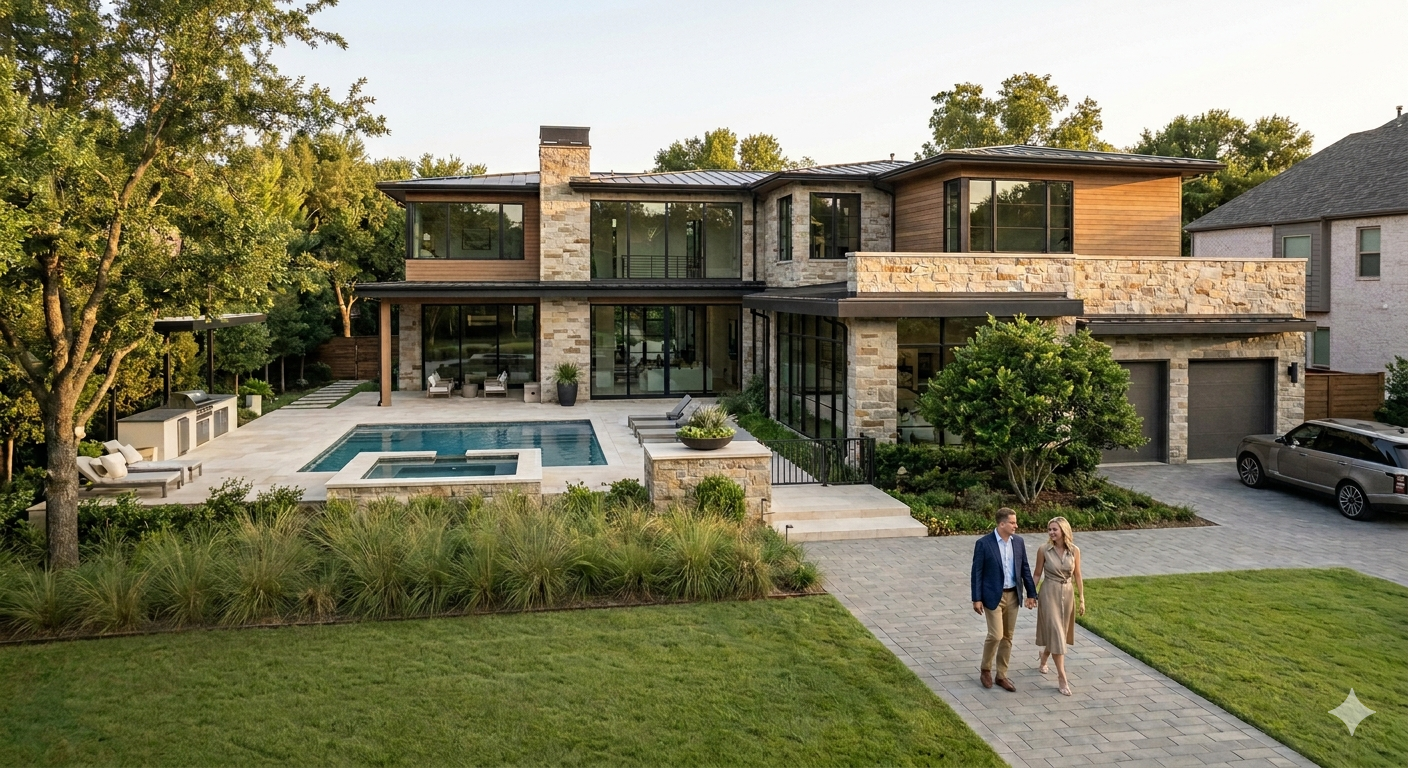 Luxury Texas home with pool, outdoor kitchen, modern stone exterior, and elegant outdoor living space for high-end real estate buyers.