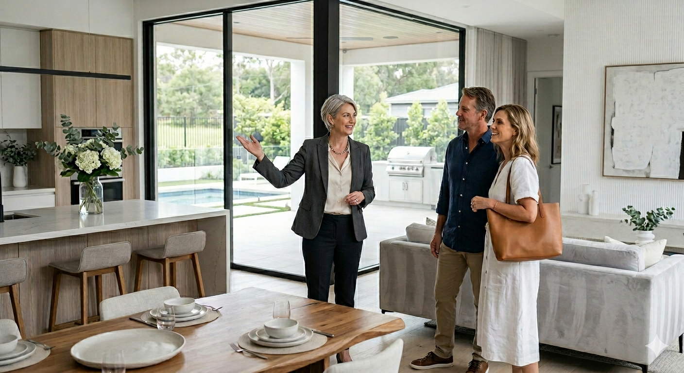 Luxury home buyer walkthrough with real estate broker showing a modern open-concept kitchen, living area, outdoor patio, and pool during a private home tour.