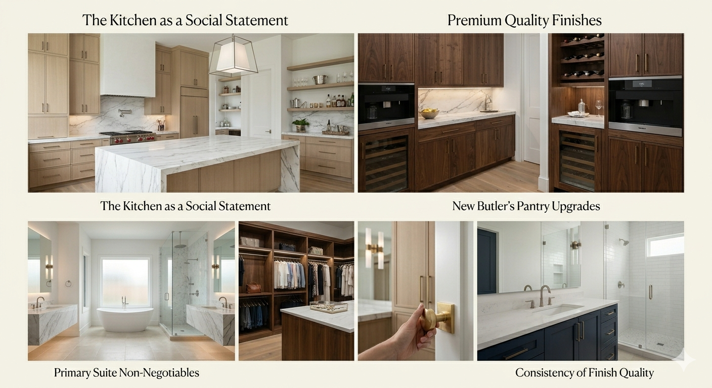 Luxury home finish collage showing a designer kitchen, butler’s pantry, primary suite bathroom, custom closet, upgraded hardware, and consistent premium finishes for high-end homebuyers.