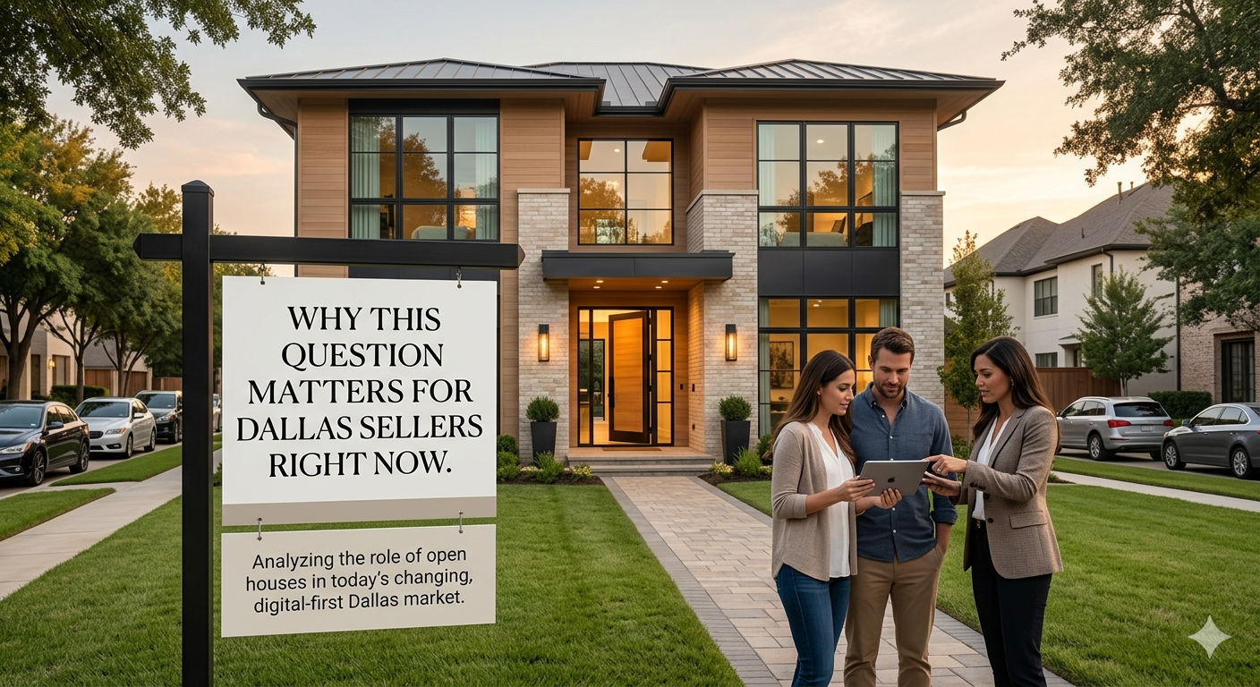 Dallas real estate open house strategy showing a modern home, sellers reviewing digital market data with a Realtor, and a sign explaining why open houses still matter in today’s digital-first Dallas housing market.